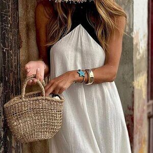 Women Summer Vacation Halter Neck Crossover Contrast Trim Cotton Linen Flowy